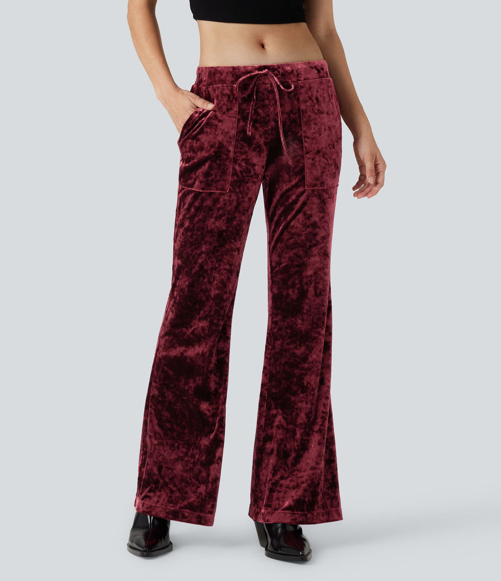Pantalon évasé velours taille basse avec cordon de serrage et poches