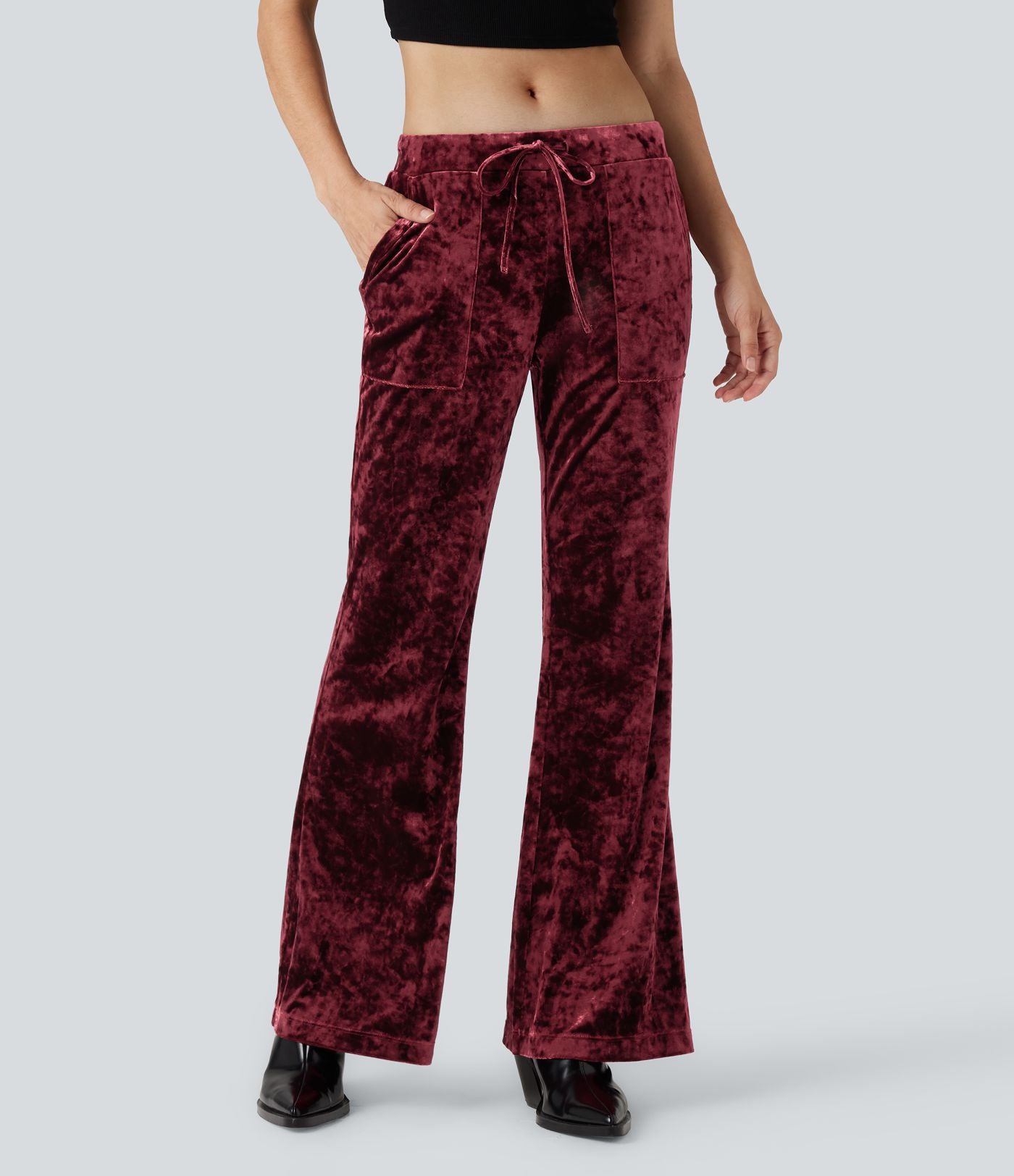 Pantalon évasé velours taille basse avec cordon de serrage et poches