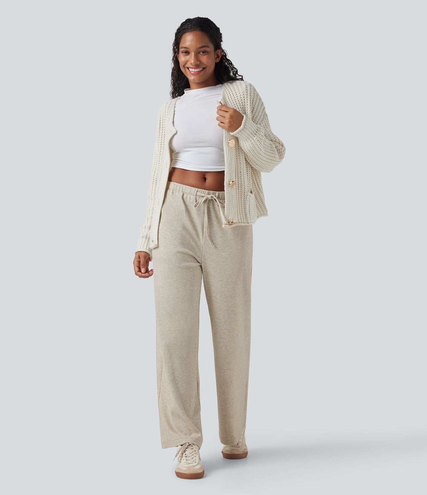Pantalon baggy côtelé taille basse avec cordon de serrage et poches