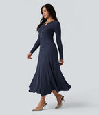 Robe longue fluide maille côtelée col henley manches longues