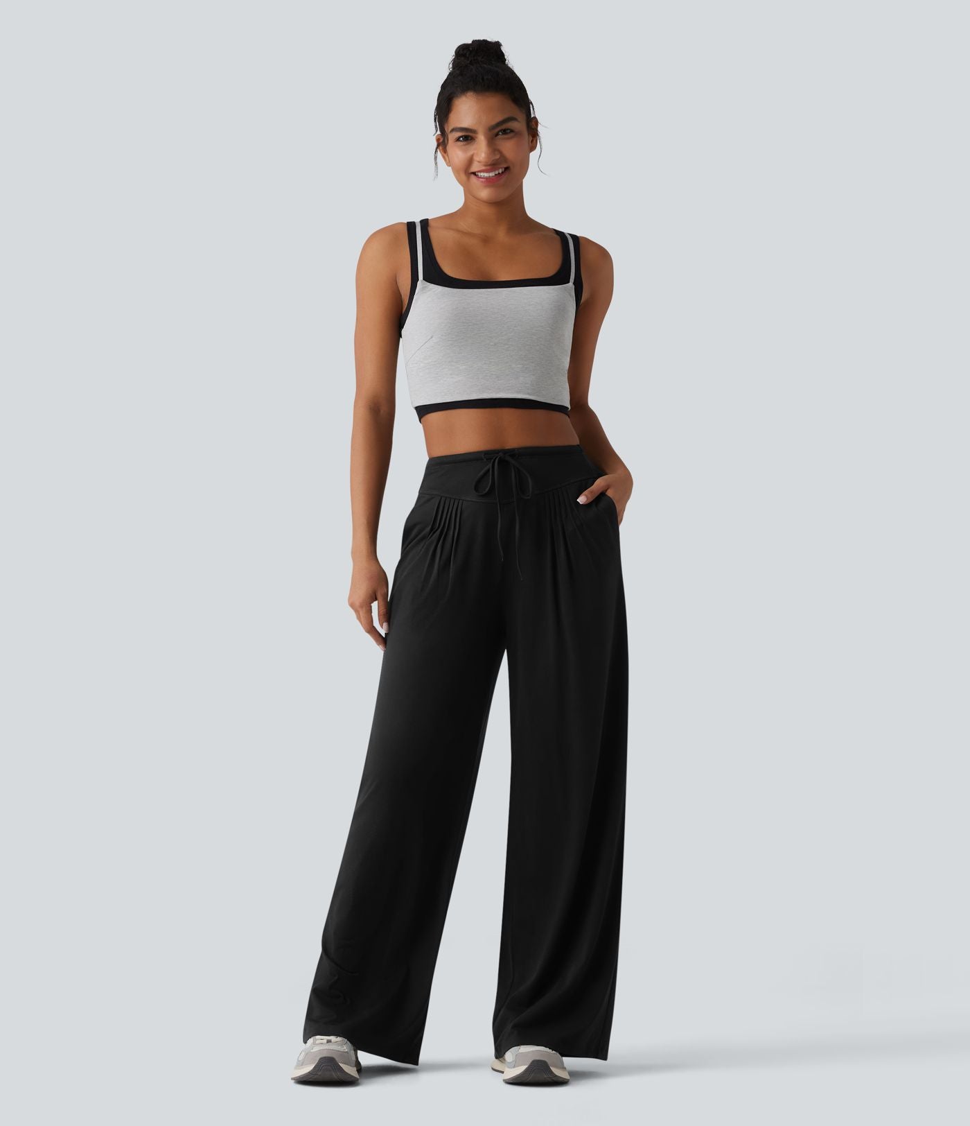 Pantalon casual ample chiné à plis taille haute avec cordon de serrage et poches