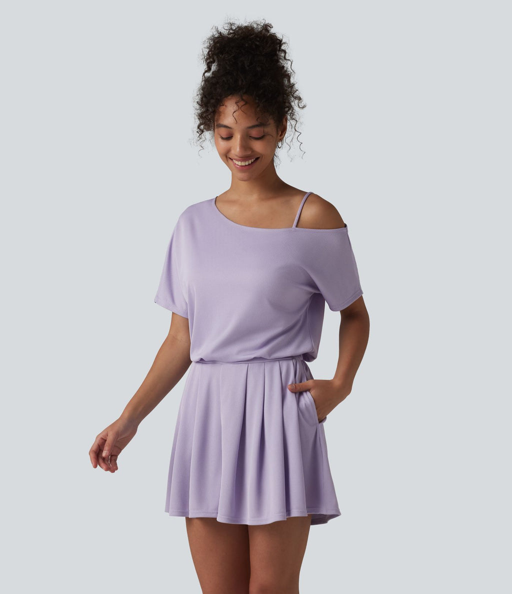 Combishort casual asymétrique manches courtes plissé en nid d'abeille avec poches - Édition Easy Peasy