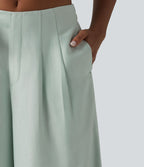 Pantalon large fluide taille haute en lin mélangé avec poches et liens latéraux