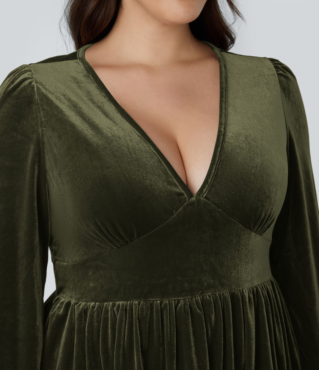 Quotidien de Robe Velours Mini Grande Taille avec Décolleté Profond en V et Ourlet à Volants