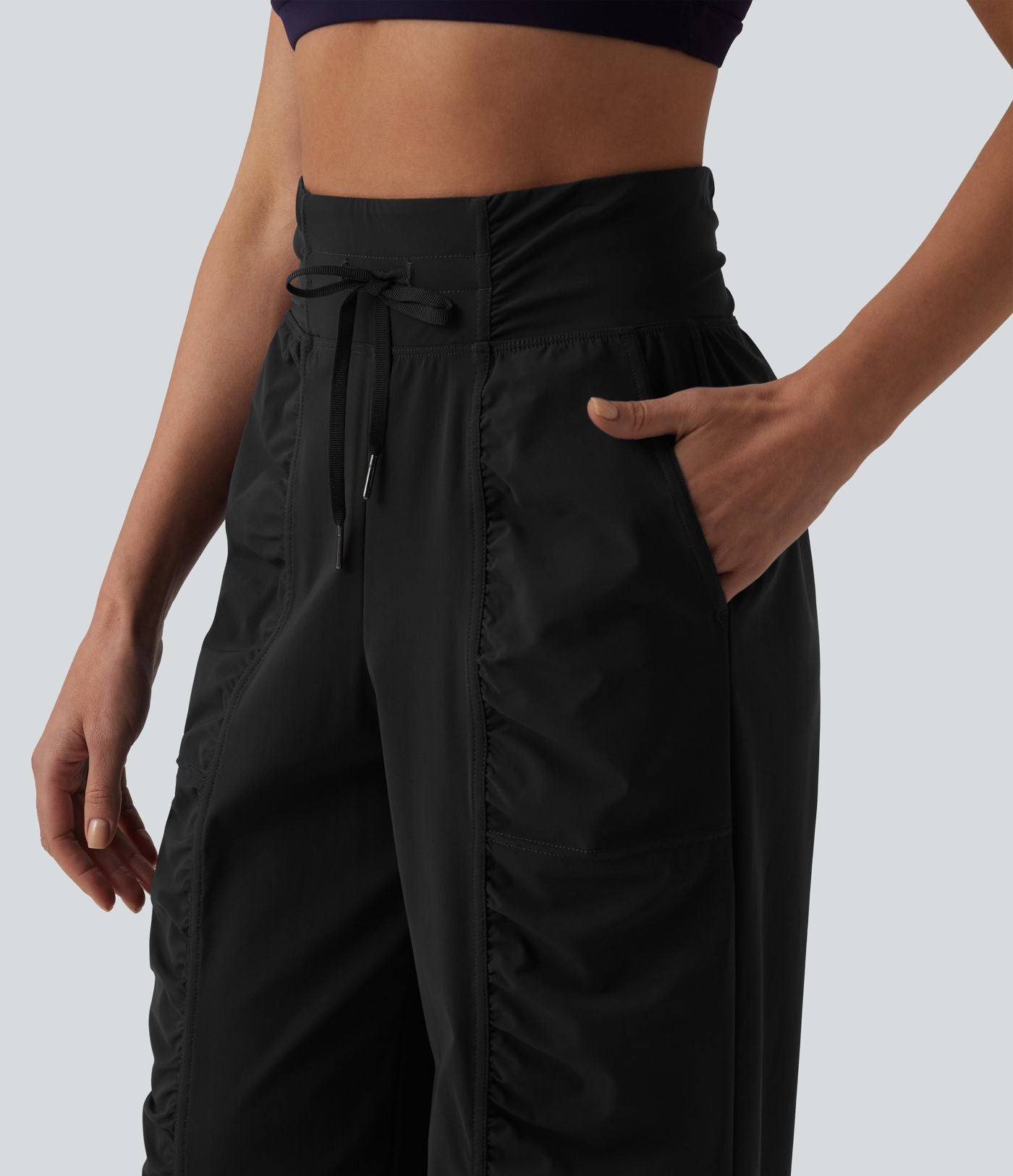 Pantalon running coupe droite taille haute à cordon de serrage et fronces séchage rapide avec poches