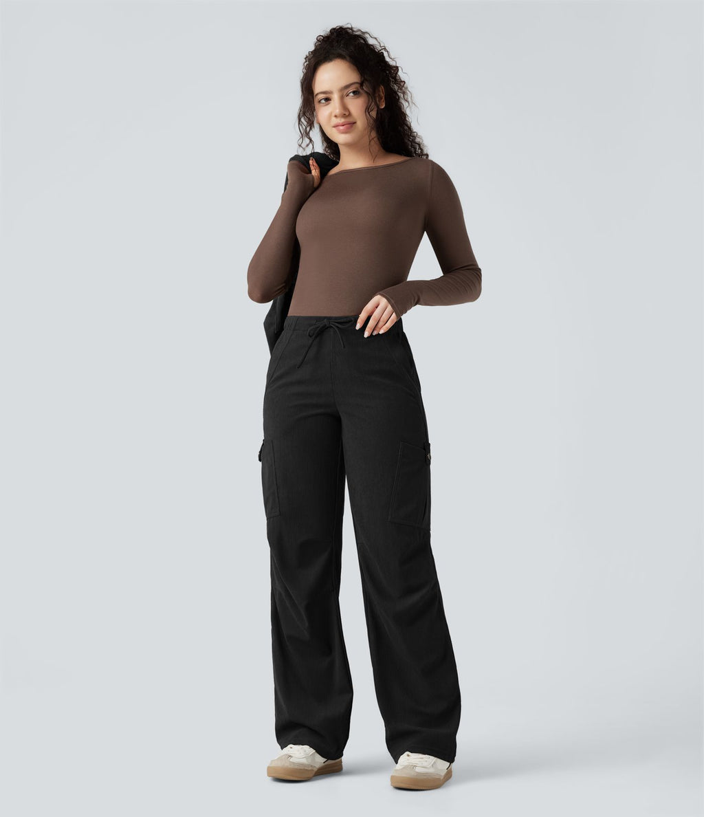 Pantalon jogging cargo velours côtelé coupe droite taille mi-haute avec cordon de serrage et poches