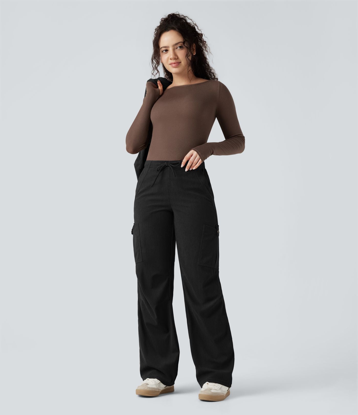 Pantalon jogging cargo velours côtelé coupe droite taille mi-haute avec cordon de serrage et poches
