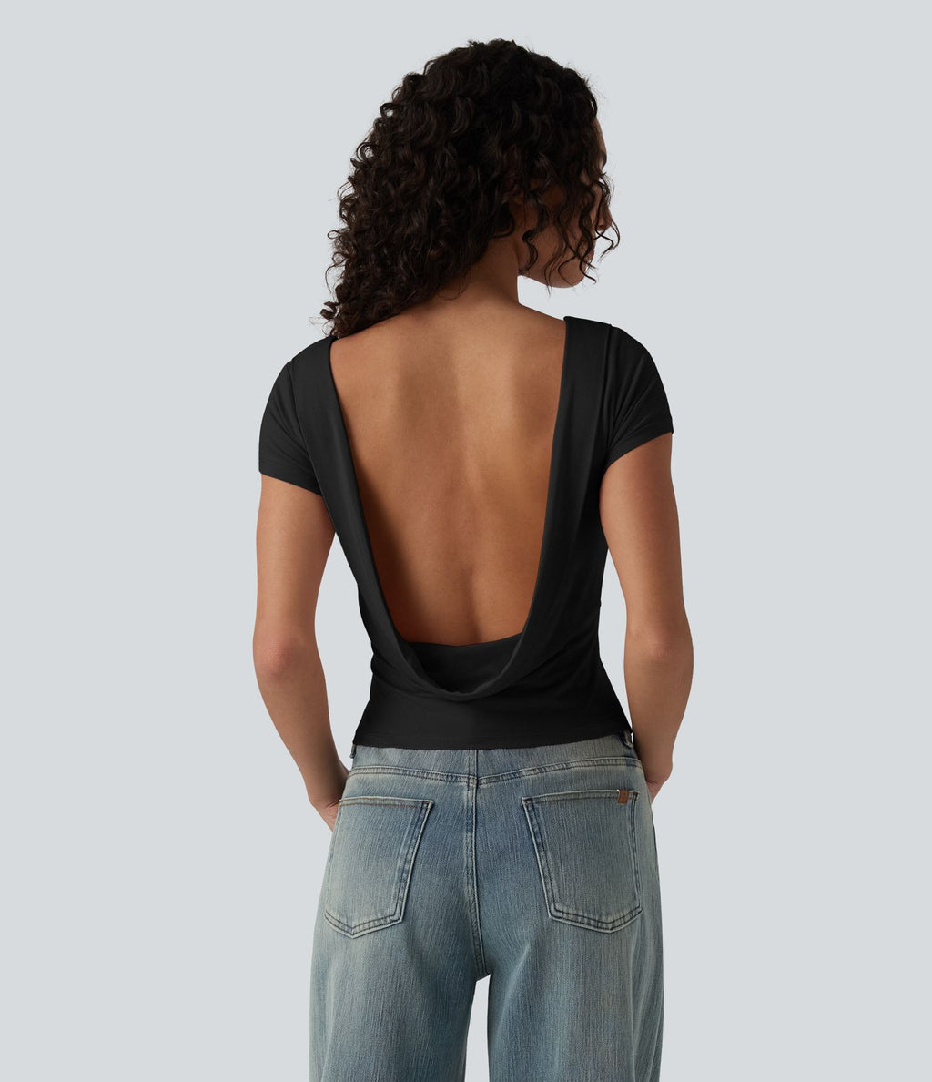 T-shirt décontracté col bateau manches courtes dos drapé