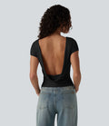 T-shirt décontracté col bateau manches courtes dos drapé