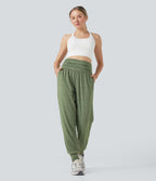 Jogging taille haute froncé chiné avec poches