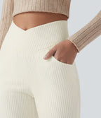 Pantalon Taille Haute Casual Évasés en Tricot Côtelé avec Poches Latérales et Croisé