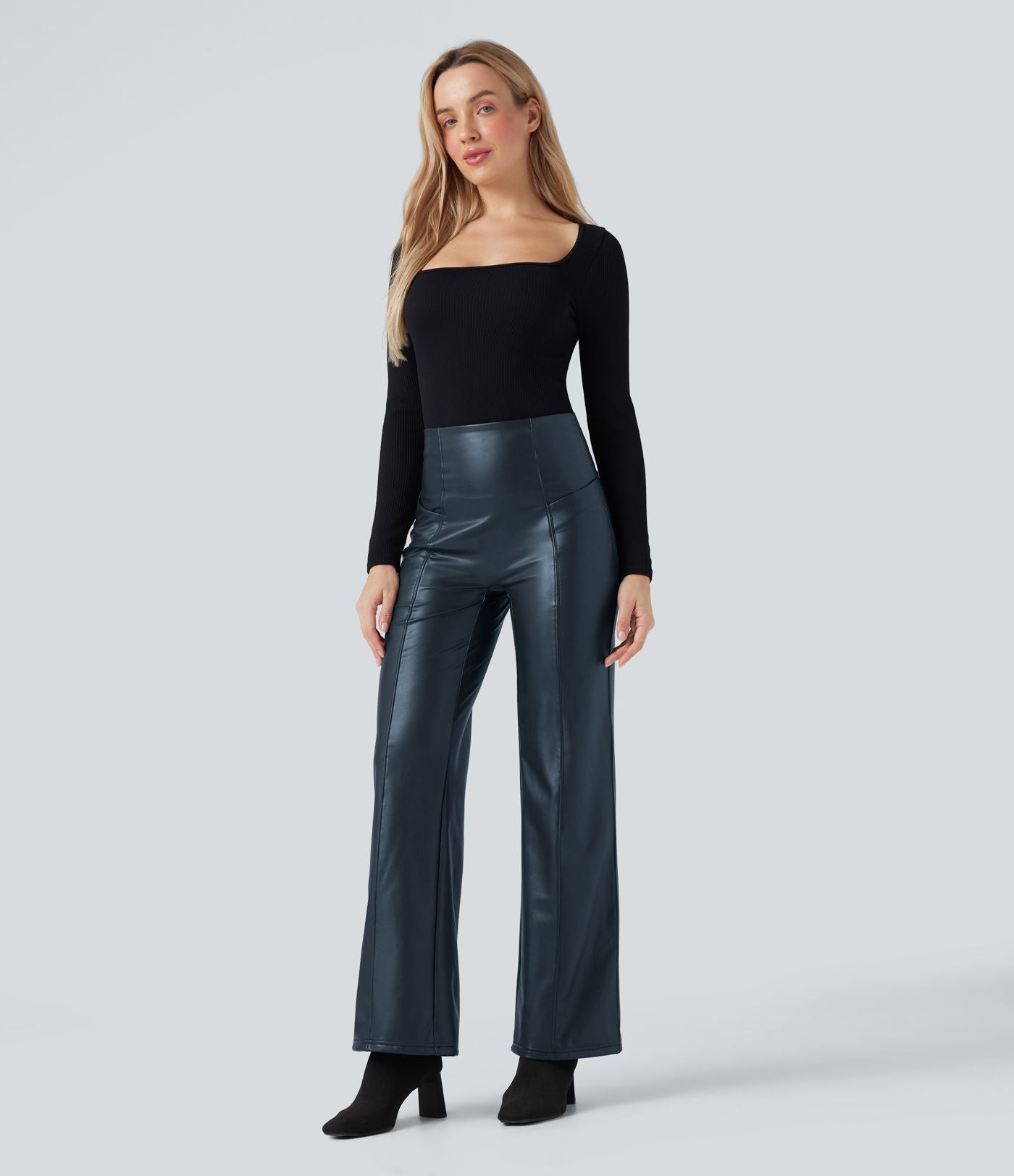 Pantalon similicuir évasé gainant taille haute stretch avec poches
