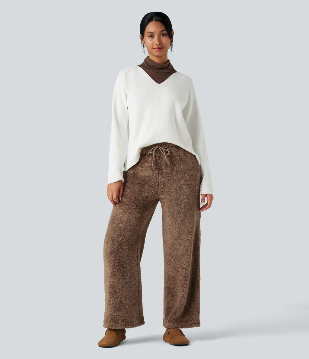 Pantalon coupe droite teddy taille mi-haute avec cordon de serrage et poches