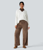Pantalon coupe droite teddy taille mi-haute avec cordon de serrage et poches