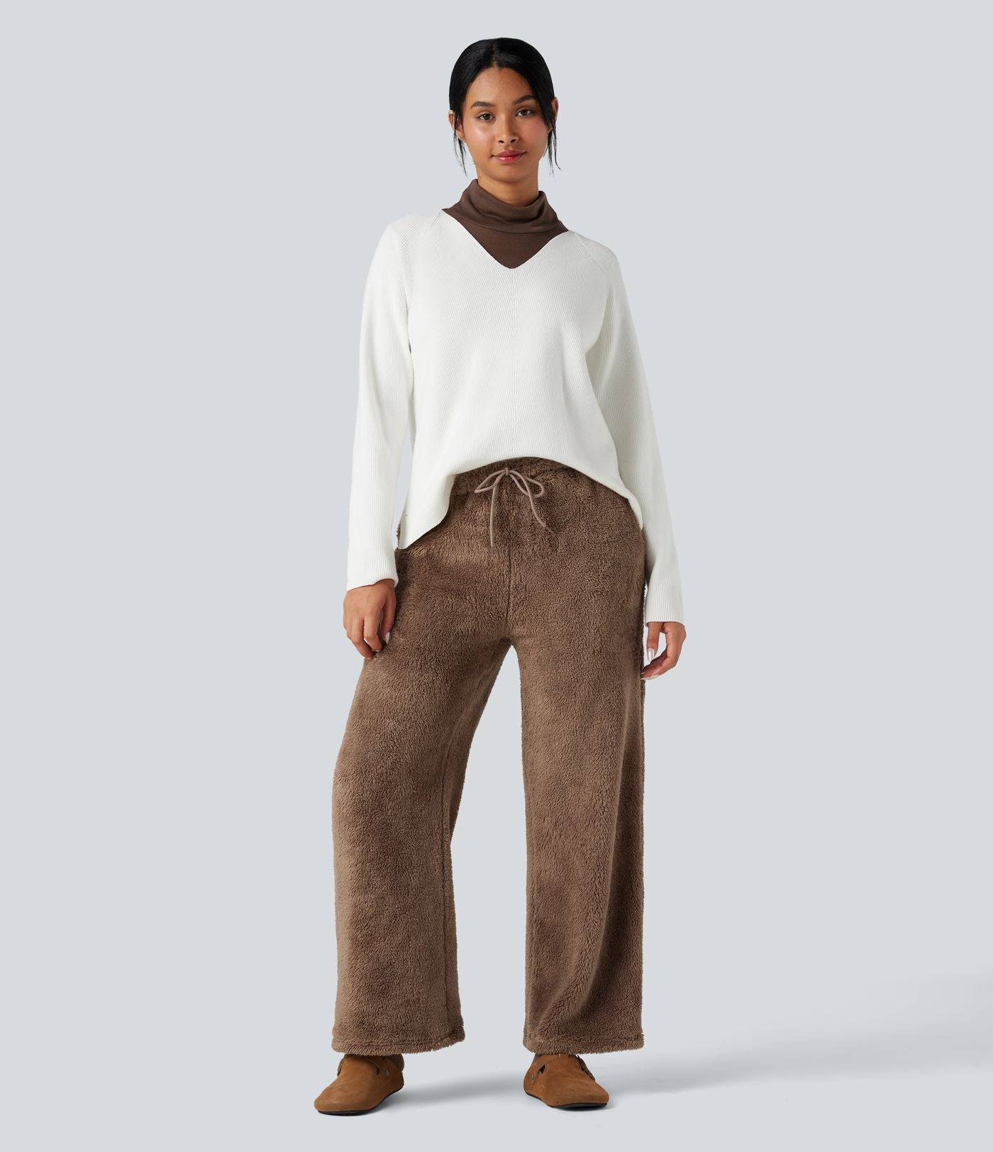 Pantalon coupe droite teddy taille mi-haute avec cordon de serrage et poches