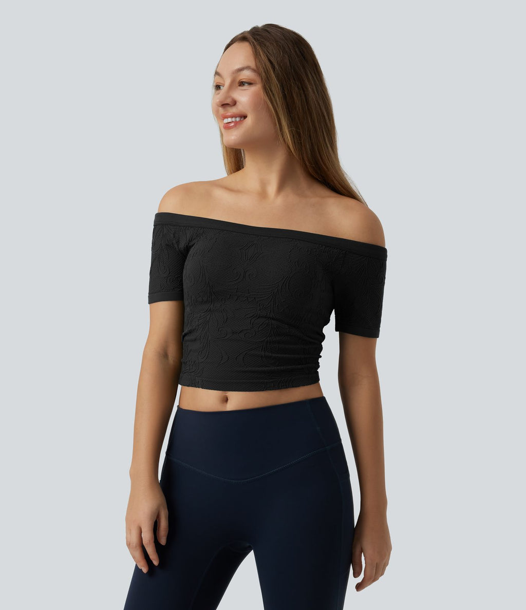 OneForm Seamless Flow Haut de sport de yoga raccourci sans couture épaules dénudées à manches courtes, avec soutien-gorge intégré