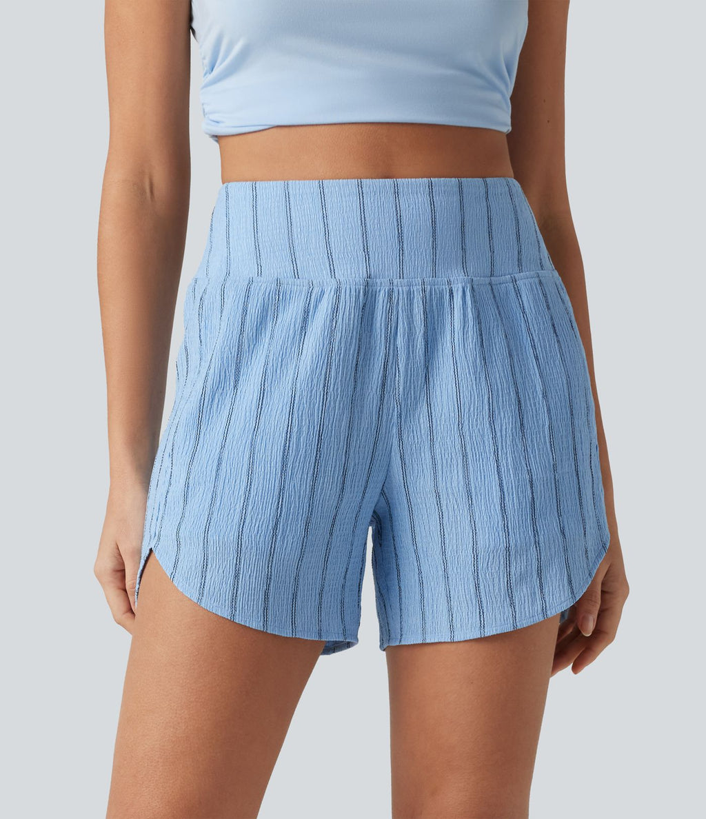 Short casual taille haute ourlet arrondi rayures avec poches