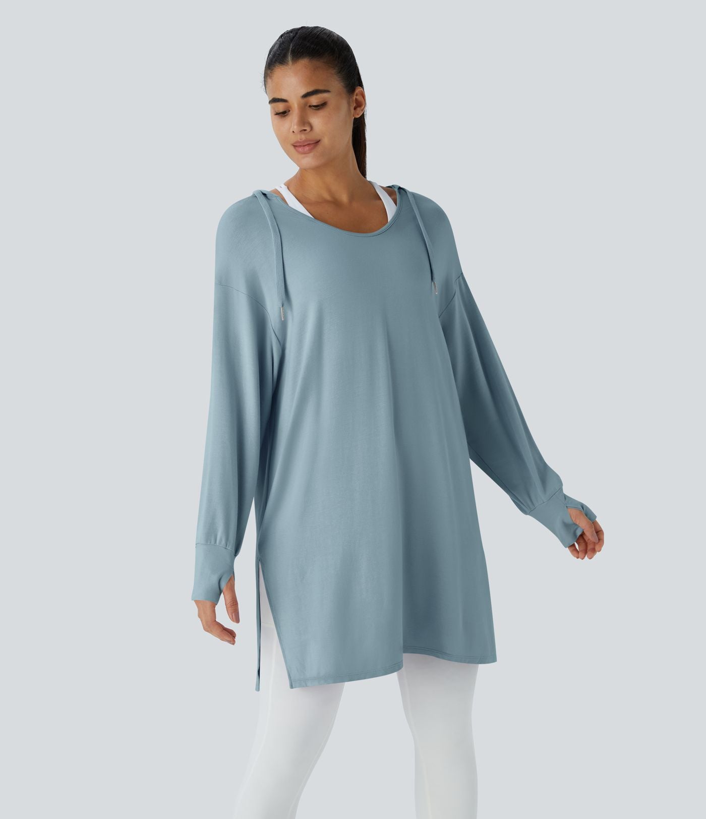 Sweatshirt Casual à Capuche Encolure en V Cordon de Serrage Trou pour le Pouce Fente et Coupe Longue