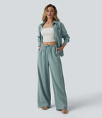 Pantalon large décontracté taille mi-haute avec cordon de serrage aspect lin avec poches