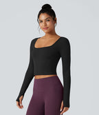 Top de sport yoga SoftlyZero™ Plush col carré manches raglan longues avec trous pouces