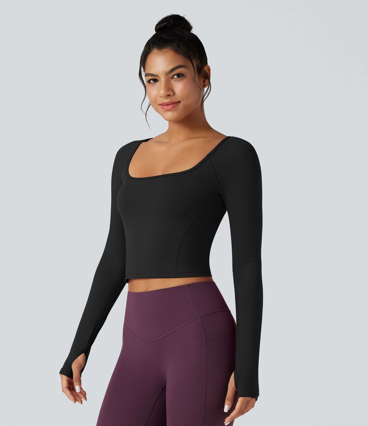 Top de sport yoga SoftlyZero™ Plush col carré manches raglan longues avec trous pouces
