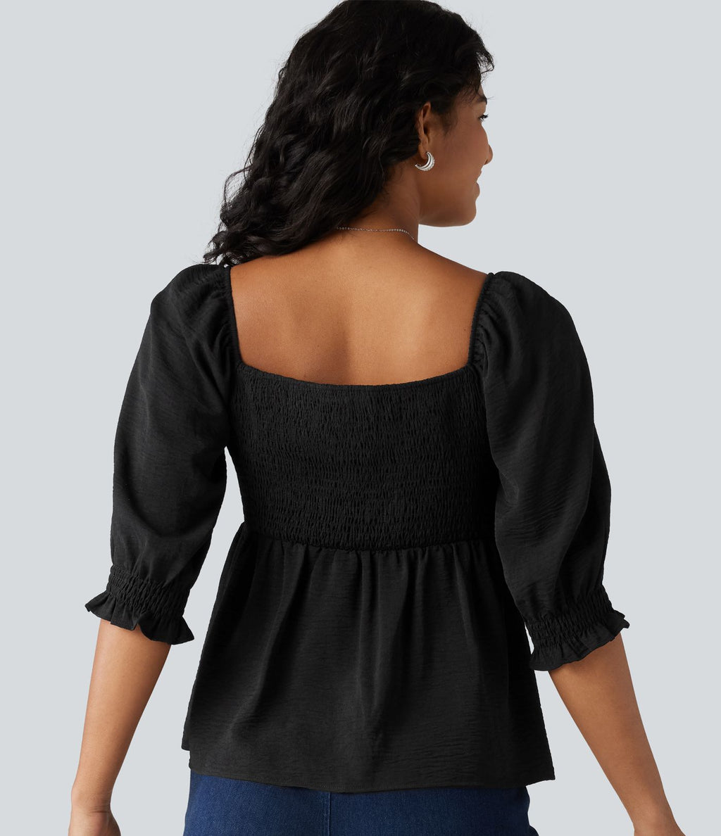 Blouse casual babydoll col carré à manches bouffantes mi-longues et détails froncés