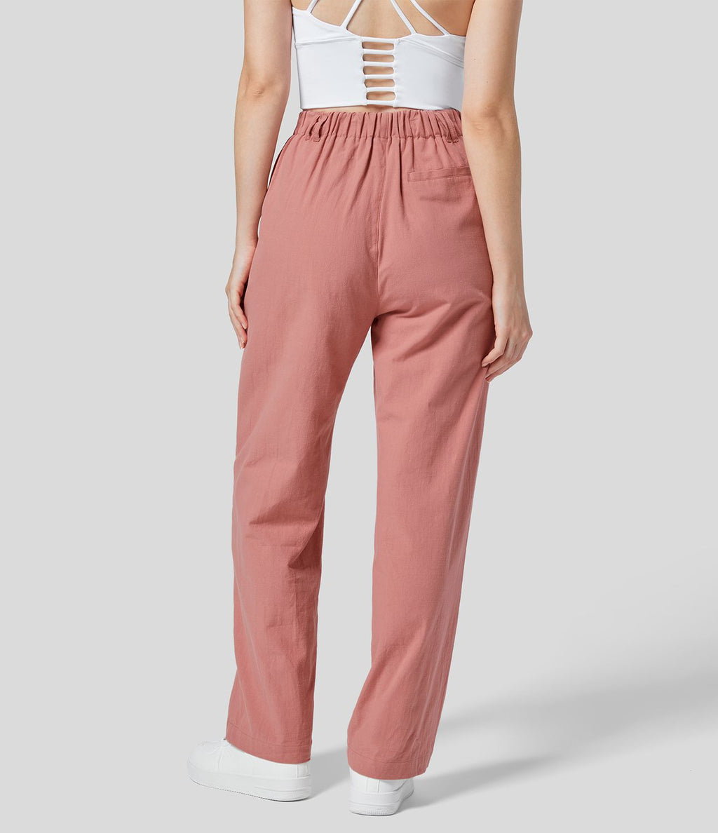 Pantalon Droit Travail Palazzo Solide Fluide Taille Haute avec Plis Poches Latérales Effet Lin