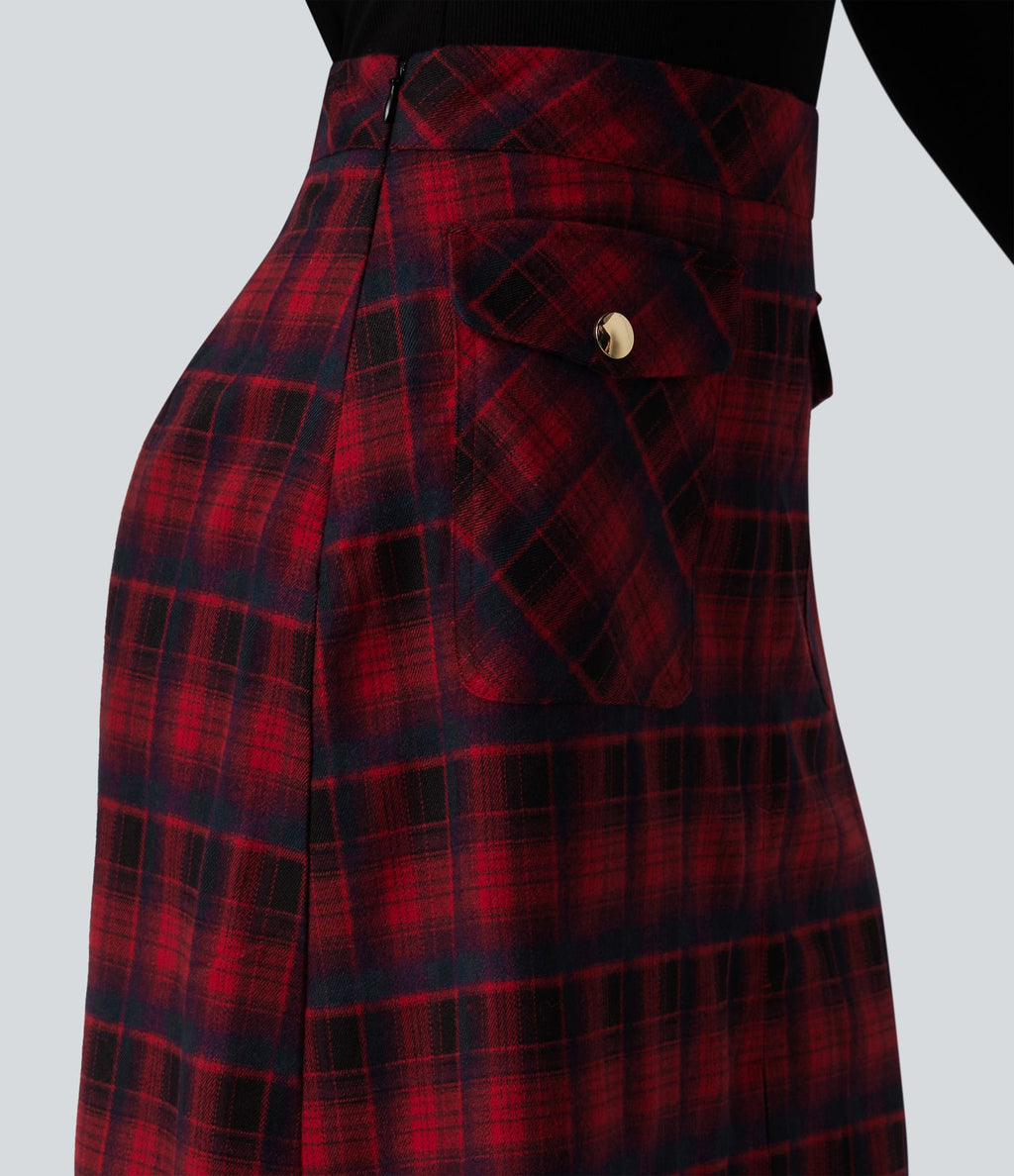 Jupe midi tailleur trapèze taille mi-haute à carreaux tartan, avec poches