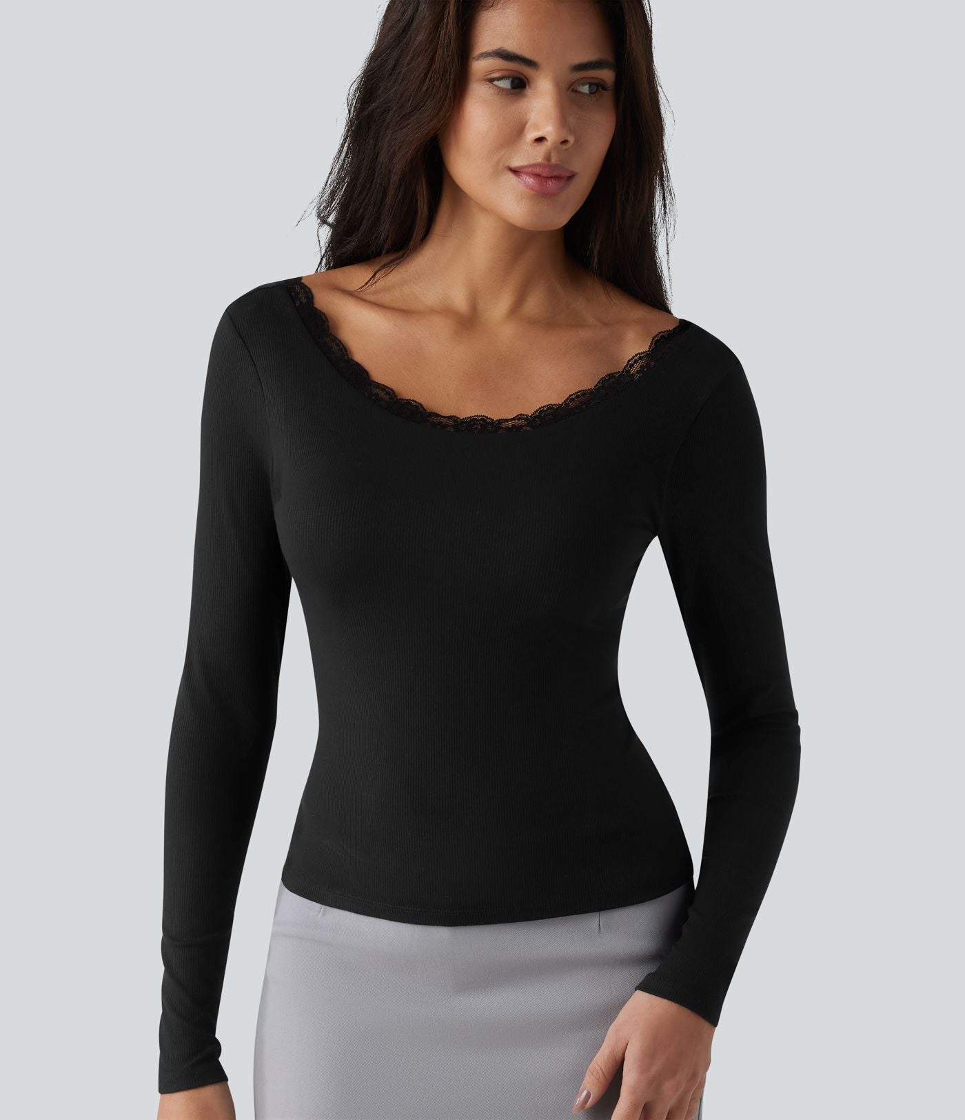 Haut casual en maille côtelée à manches longues, col rond échancré, dos en U, dentelle contrastée et soutien-gorge intégré