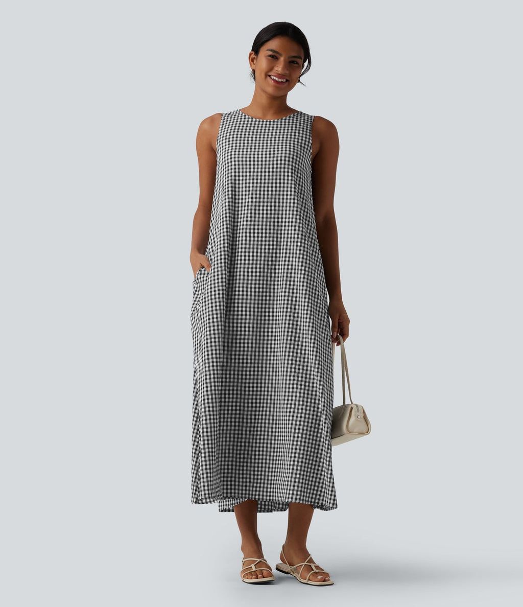 Robe débardeur midi décontractée col rond sans manches en vichy froissé avec poches