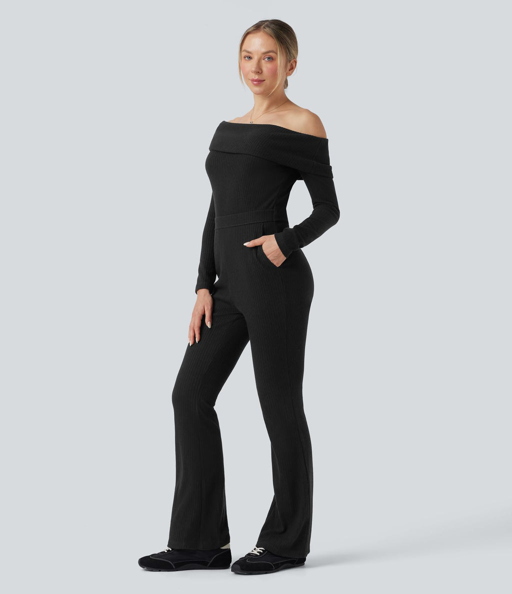 Combinaison décontractée évasée maille côtelée épaules dénudées ceinture rabattable manches longues avec poches - Édition Easy Peasy