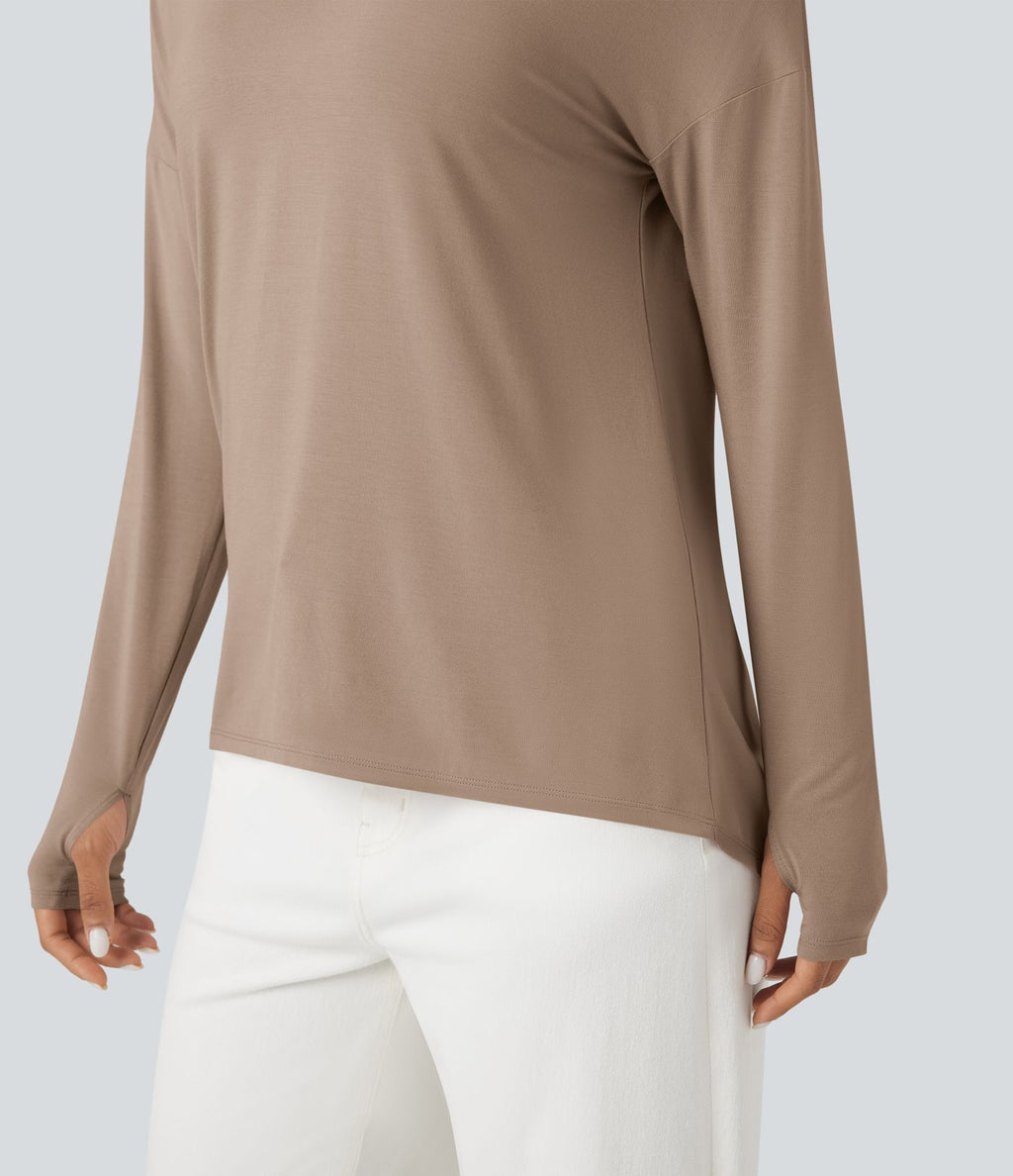 T-shirt décontracté col V profond manches longues à trous pouces coupe décontractée - Réversible devant et dos