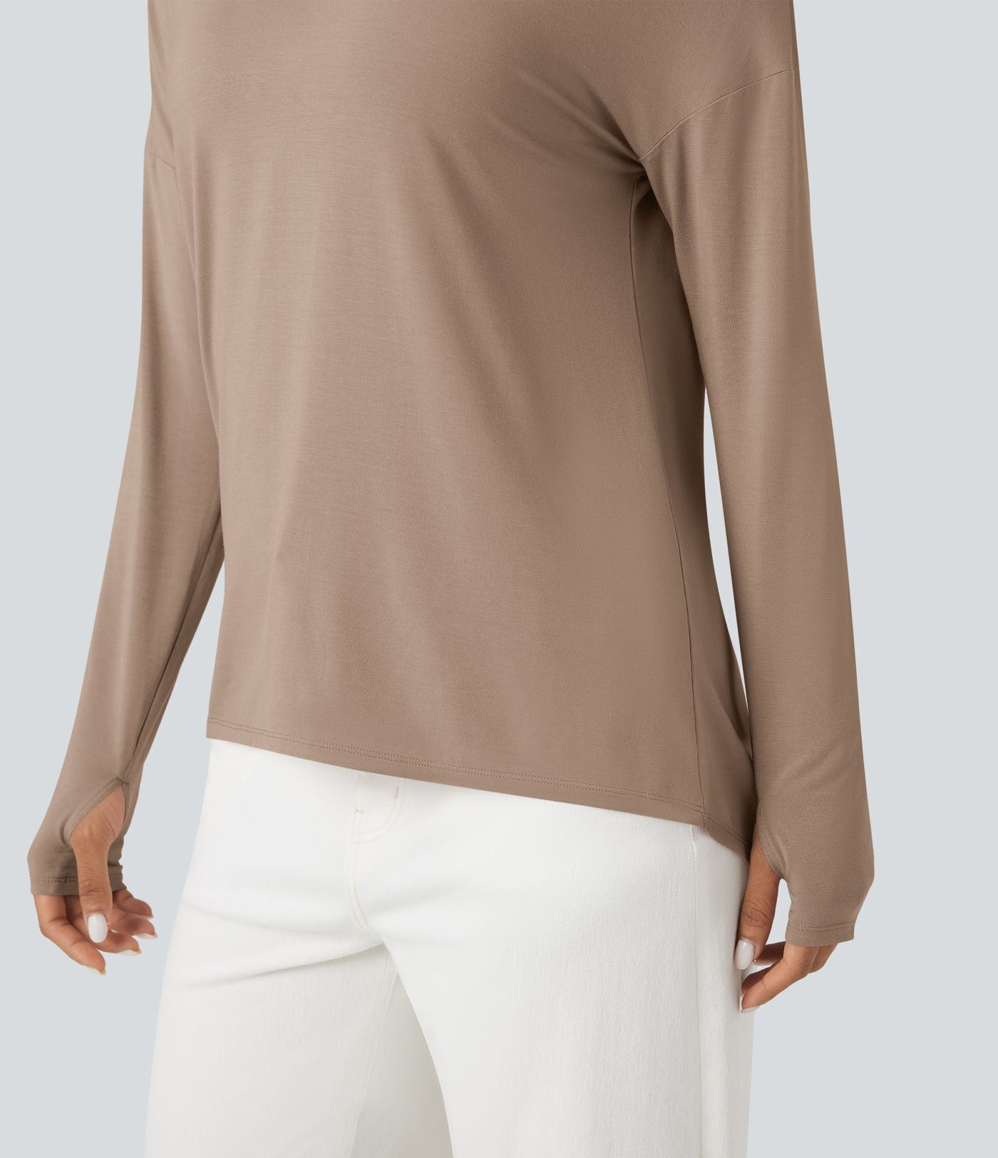 T-shirt décontracté col V profond manches longues à trous pouces coupe décontractée - Réversible devant et dos