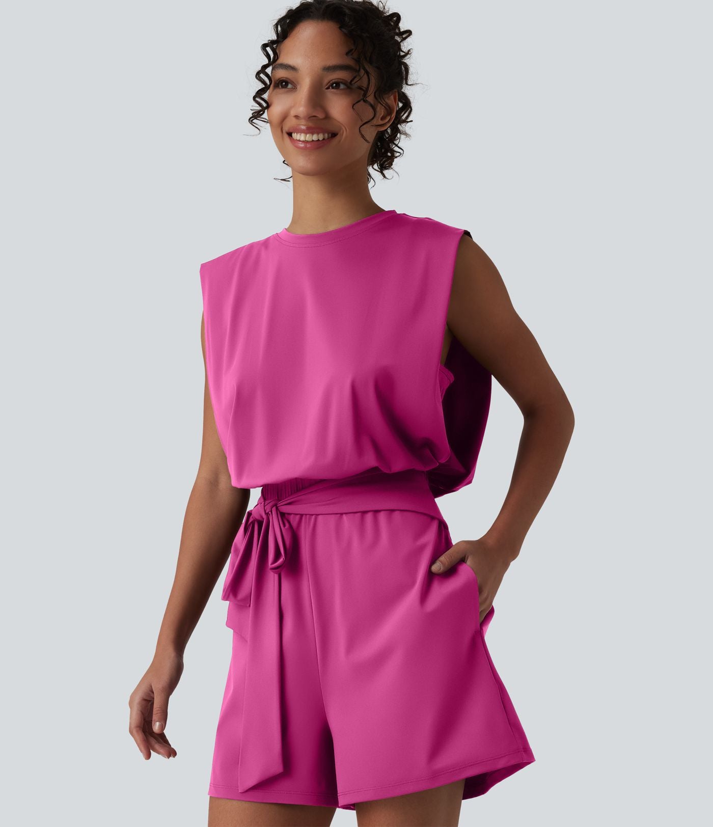 Combishort décontracté col rond sans manches effet frais InstantCool avec nœud frontal et poches, accès facile Easy Peasy, protection solaire UPF50+