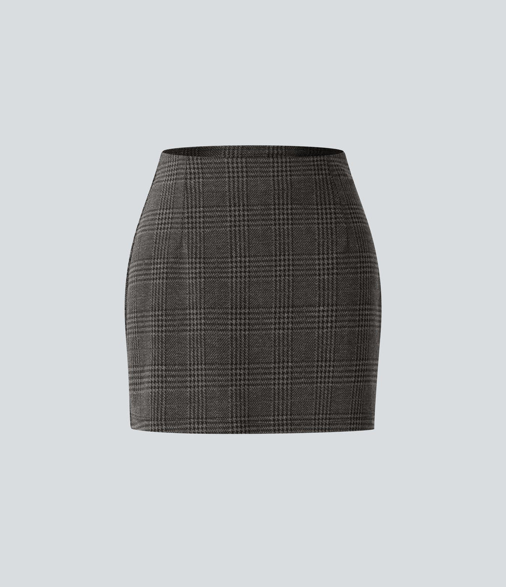 Jupe de Travail Mini 2-en-1 Taille Haute à Motif Pied-de-Poule