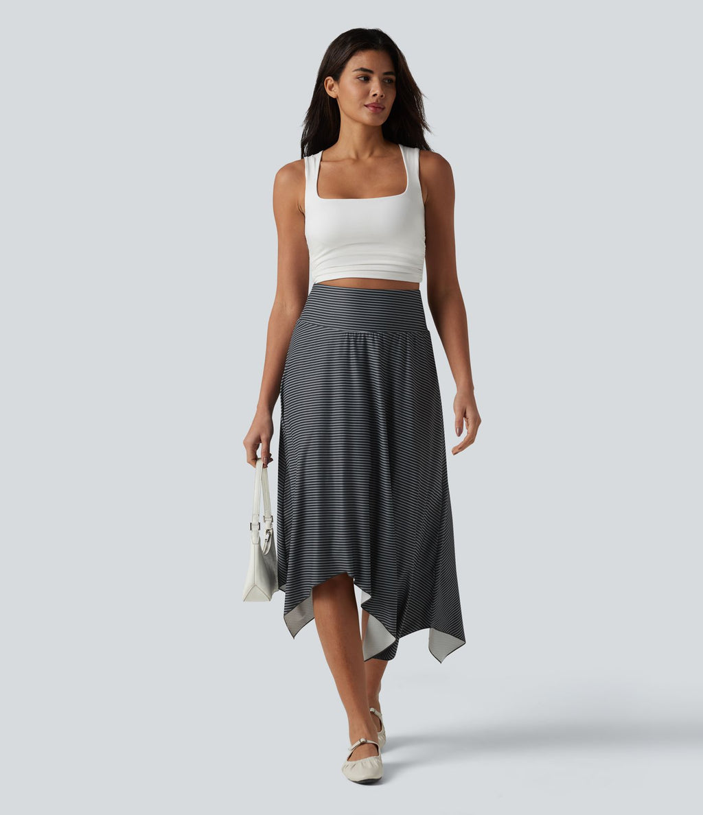 Jupe midi fluide casual taille haute à rayures et ourlet asymétrique mouchoir
