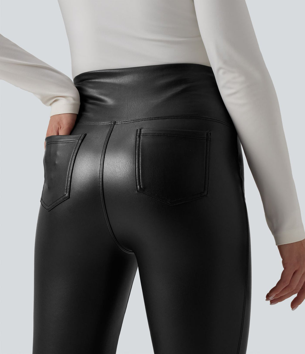 Pantalon évasé décontracté gainant taille haute extensible en molleton PU avec poches