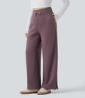 Pantalon jogging décontracté polaire taille haute jambe large avec cordon de serrage ourlet fendu et poches