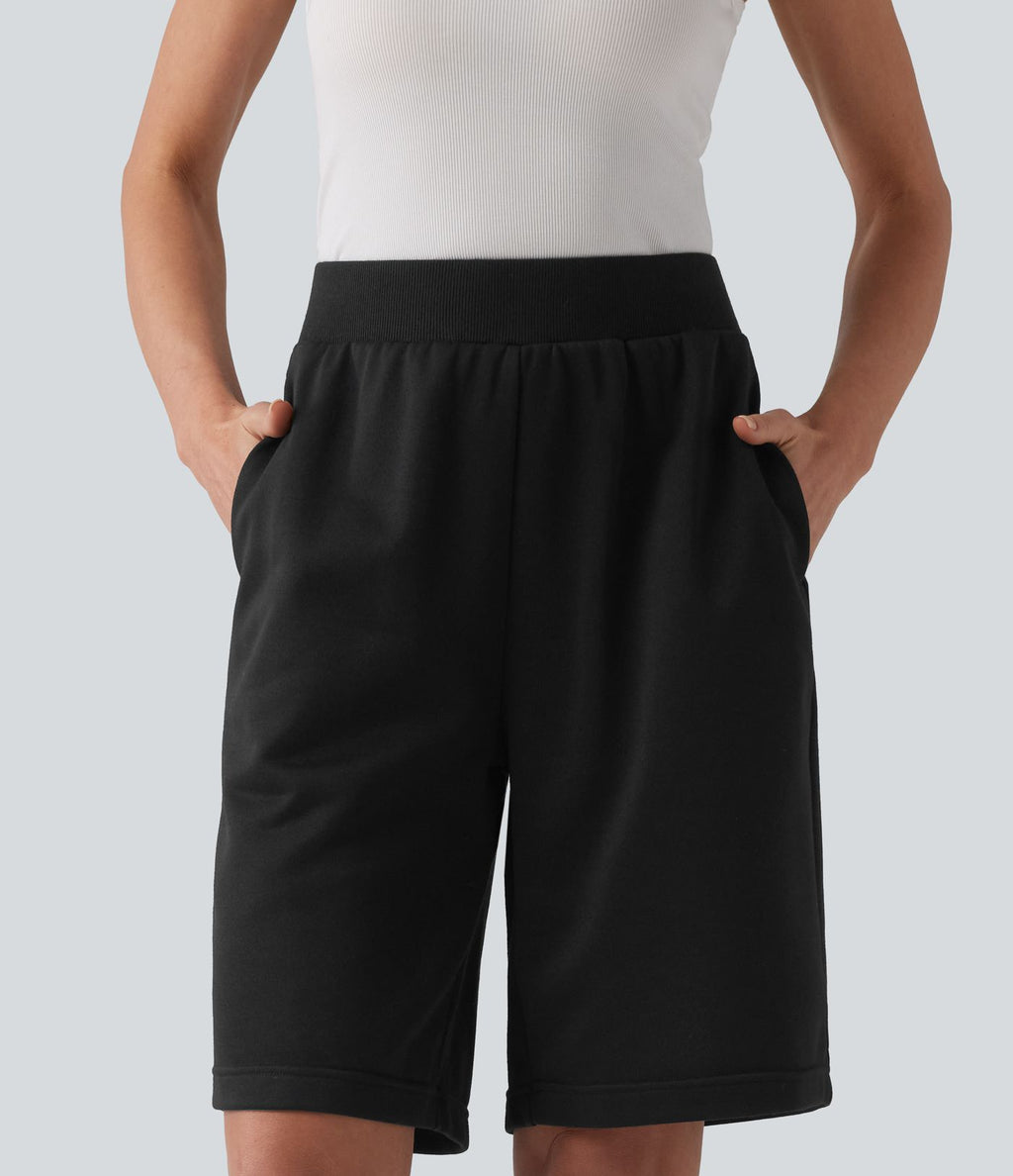 Bermuda casual ample taille mi-haute en molleton français à cordon de serrage intérieur avec poches