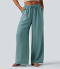 Pantalon large décontracté taille mi-haute avec cordon de serrage aspect lin avec poches