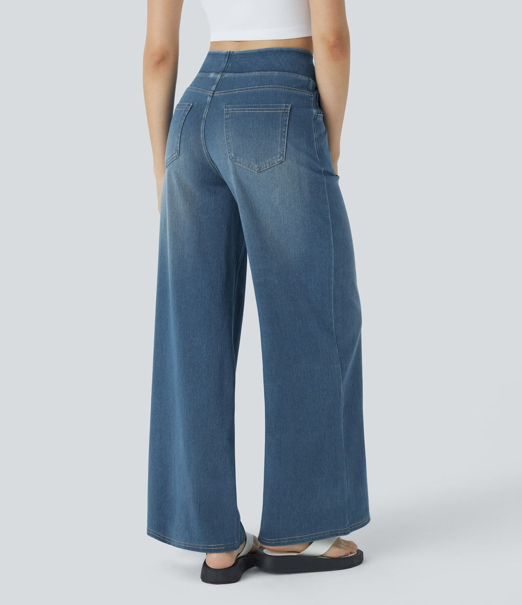 Halara Flex™ Jean Large Casual Taille Haute Poches Multiples Tricot Extensible Délavé