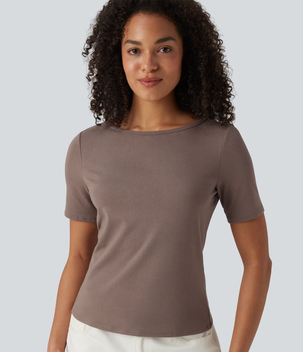 T-shirt casual manches courtes col bateau maille côtelée
