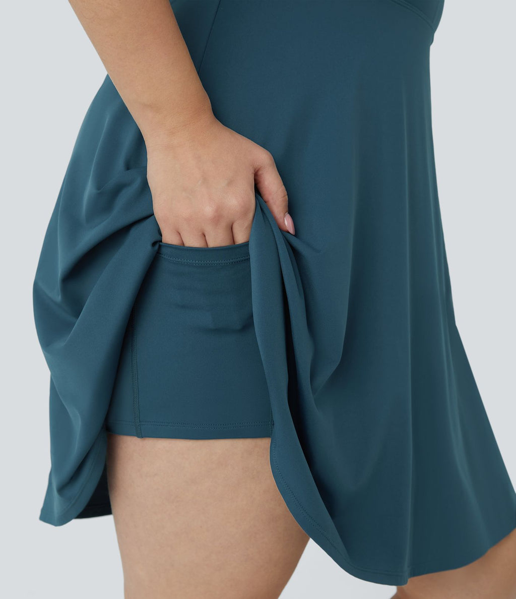 Robe Danse Barre Ballet Grande Taille 2 en 1 Col en U Dos Nu avec Découpe Torsadée et Poches Latérales - Plus Longue
