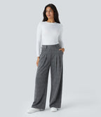 Pantalon taille haute décontracté large à carreaux, avec poches