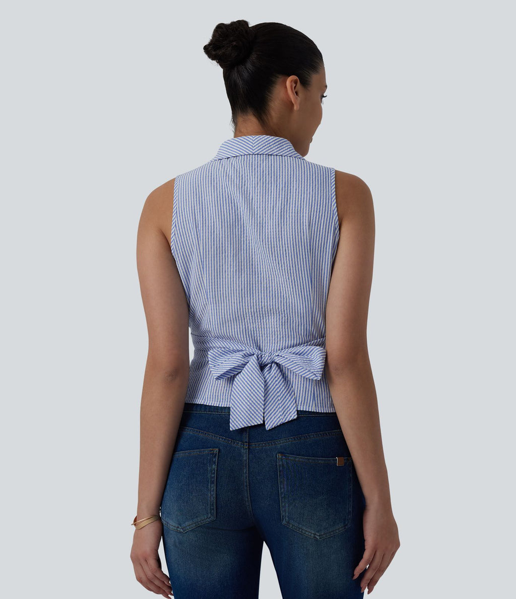 Chemise décontractée à rayures, col V, sans manches, dos noué