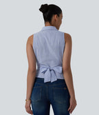 Chemise décontractée à rayures, col V, sans manches, dos noué