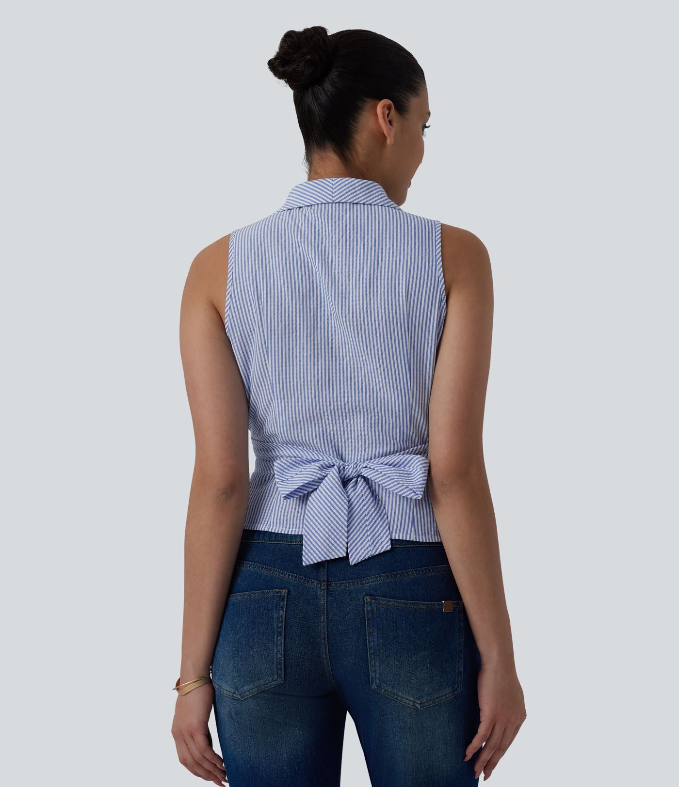 Chemise décontractée à rayures, col V, sans manches, dos noué