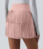 Jupe mini de soirée ajustée effet daim taille haute croisée 2-en-1 à franges