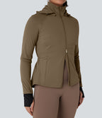 Veste randonnée capuche amovible double zip cordon de serrage avec trous pouces et poches