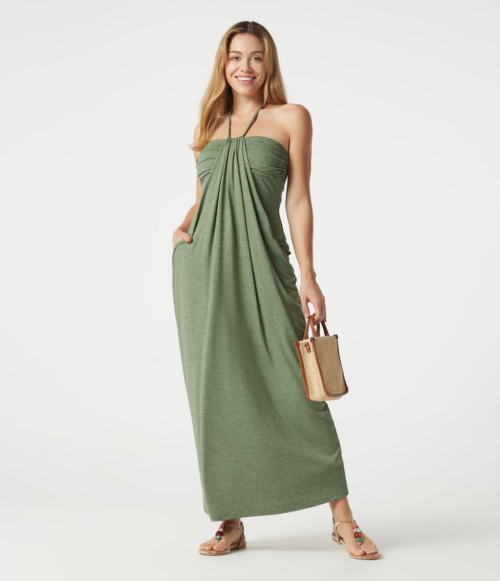Robe longue chinée dos-nu à nouer, brassière intégrée, à poches